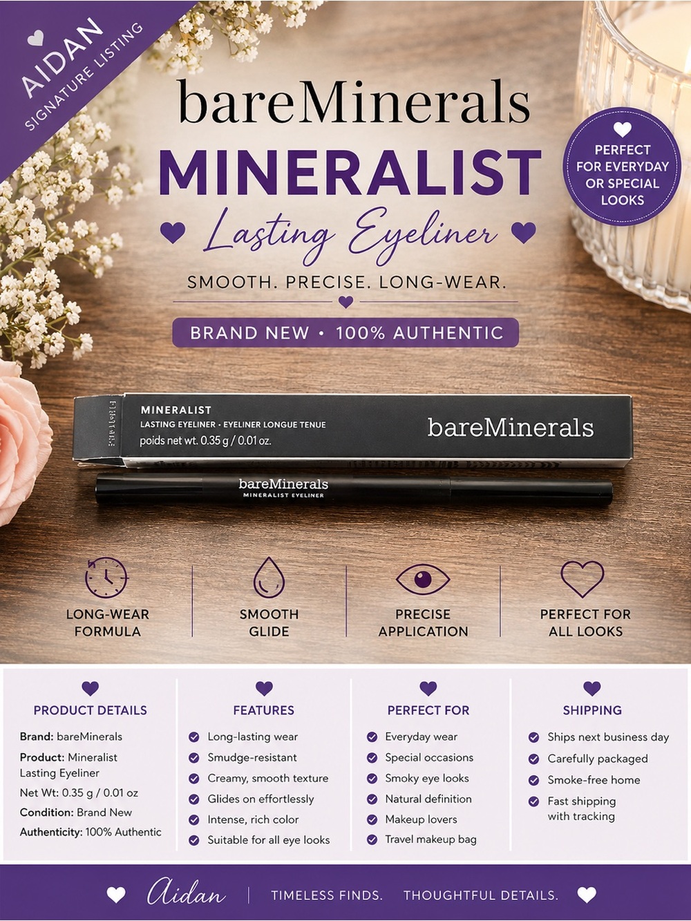 bareMinerals Mineralist Lasting Eyeliner Black Full Size NIB Authentic